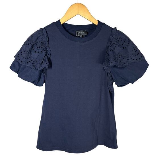 Gracia Tops - Gracia Embroidered Ruffle Puff Short Sleeve Top Navy Size Small